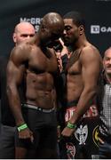 17 January 2015; Ron Stallings, right, faces off against Uriah Hall ahead of their fight in TD Garden, Boston, on Sunday. UFC Fight Night Weigh-in, Orpheum Theatre, Boston, Massachusetts, USA. Picture credit: Ramsey Cardy / SPORTSFILE