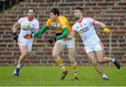 18 January 2015; Dermot McAleese, Antrim, in action against Tiernan McCann, Tyrone. Bank of Ireland Dr McKenna Cup, Group C, Round 3, Tyrone v Antrim, St. Tiernach's Park, Clones, Co. Tyrone. Picture credit: Oliver McVeigh / SPORTSFILE