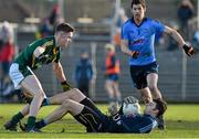 18 January 2015; Dublin goalkeeper Lorcan Molloy saves at the feet of Meath's Ruairi O'Dwd. Bord na Mona O'Byrne Cup, Semi-Final, Meath v Dublin, Páirc Táilteann, Navan, Co. Meath. Picture credit: Ray McManus / SPORTSFILE