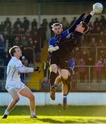 18 January 2015; Tom Corley, Kildare goalkeeper, supported by team-mate Peter Kelly, in action against Paul Brogan, DIT. Bord na Mona O'Byrne Cup, Semi-Final, Kildare v DIT. St Conleth's Park, Newbridge, Co. Kildare. Picture credit: Piaras Ó Mídheach / SPORTSFILE