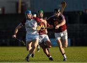 18 January 2015; Andrew Smith, Galway, in action against Joe Clarke and Aonghus Craig, right, Westmeath. Bord na Mona Walsh Cup, Group 4, Round 2, Westmeath v Galway, Cusack Park, Mullingar, Co. Westmeath. Picture credit: Pat Murphy / SPORTSFILE
