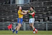 18 January 2015; Niall Daly, Roscommon, and Jason Doherty, Mayo, confront each other during the second half of the game. FBD League, Section A, Round 3, Mayo v Roscommon, Elverys MacHale Park, Castlebar, Co. Mayo. Picture credit: David Maher / SPORTSFILE