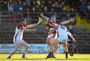 18 January 2015; Brendan Murtagh, Westmeath, in action against Galway's Padraig Mannion, left, Andrew Smith, back, and David Collins, right. Bord na Mona Walsh Cup, Group 4, Round 2, Westmeath v Galway, Cusack Park, Mullingar, Co. Westmeath. Picture credit: Pat Murphy / SPORTSFILE