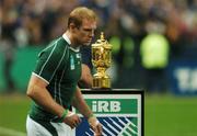21 September 2007; Ireland's Paul O'Connell makes his way past the Rugby World Cup trophy as he comes onto the pitch before the game. 2007 Rugby World Cup, Pool D, Ireland v France, The Stade de France, Saint Denis, Paris, France. Picture credit; Brendan Moran / SPORTSFILE