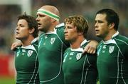21 September 2007; Ireland players, from left, captain Brian O'Driscoll, John Hayes, Jerry Flannery and Marcus Horan stand for Ireland's Call. 2007 Rugby World Cup, Pool D, Ireland v France, The Stade de France, Saint Denis, Paris, France. Picture credit; Brendan Moran / SPORTSFILE