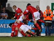 24 September 2007; David McAlinden, Cliftonville, is buried under his team-mates as they celebrate his equalising goal. Carnegie Premier League, Cliftonville v Linfield. Solitude, Belfast, Co. Antrim. Picture credit; Oliver McVeigh / SPORTSFILE