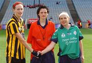 23 September 2007; Kilkenny captain Caitriona Grace and London captain Bree White shake hands in the company of referee Maggie Farrelly. TG4 All-Ireland Ladies Junior Football Championship Final, London v Kilkenny, Croke Park, Dublin. Picture credit; Brian Lawless / SPORTSFILE