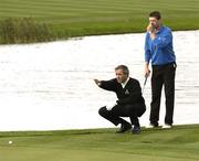26 September 2007; Seve Ballesteros and former Irish soccer international Niall Quinn line up a putt on the 9th green. The Seve Trophy, Pro-Am, The Heritage Golf & Spa Resort, Killenard, Co. Laois. Picture credit: Matt Browne / SPORTSFILE