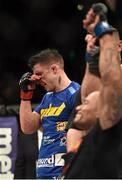 18 January 2015; Norman Parke, left, reacts after Gleison Tibau is announced as winning via split decision in their lightweight bout. UFC Fight Night, Norman Parke v Gleison Tibau, TD Garden, Boston, Massachusetts, USA. Picture credit: Ramsey Cardy / SPORTSFILE