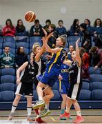 19 January 2015; Kate Leneghan, Christ King Cork, in action against Emma Browne, left, and Orla Casey, St Vincent's Secondary School Cork. All-Ireland Schools Cup U19A Girls Final, St Vincent's Secondary School Cork v Christ King Cork. National Basketball Arena, Tallaght, Dublin. Picture credit: Barry Cregg / SPORTSFILE