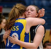 19 January 2015; Ciara McCarthy, left, Christ King Cork, consoles a dejected Edel Thornton, St Vincent's Secondary School Cork, after the game. All-Ireland Schools Cup U19A Girls Final, St Vincent's Secondary School Cork v Christ King Cork. National Basketball Arena, Tallaght, Dublin. Picture credit: Barry Cregg / SPORTSFILE