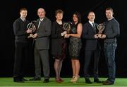 19 January 2015; AIB, sponsor to both the GAA and Camogie Club Championships, has today honoured eleven club players from Camogie, Hurling and Football at #TheToughest club player awards. Voted for by national and regional GAA media, the players were selected based on their overall performance throughout the 2014/15 club season. Pictured at the awards are, from left, Paul Braniff,, Portaferry GAA Club, Co. Down, football, Denis O'Callaghan, Head of AIB Branch Banking, Aileen Lawlor, President of the Camogie Association, Racquel McCarry, Loughiel Shamrocks, Co. Antrim, camogie, Brian Keating, AIB Brand Director, and Patsy Bradley, Slaughtneil GAA Club, Co. Derry. For exclusive content and to see why the AIB Club Championships are #TheToughest follow us @AIB_GAA and on Facebook at facebook.com/AIBGAA. AIB #TheToughest Awards, Croke Park, Dublin. Photo by Sportsfile