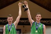 19 January 2015; Ard Scoil Rathangan joint-captains Shane Maughan, left, and James Byrne lift the cup. All-Ireland Schools Cup U19A Boys Final, St Eunan's College v Ard Scoil Rathangan. National Basketball Arena, Tallaght, Dublin. Picture credit: Barry Cregg / SPORTSFILE