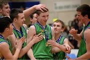 19 January 2015; Ard Scoil Rathangan joint-captain Shane Maughan is congratulated by his team-mates as he makes his way to receive the MVP award. All-Ireland Schools Cup U19A Boys Final, St Eunan's College v Ard Scoil Rathangan. National Basketball Arena, Tallaght, Dublin. Picture credit: Barry Cregg / SPORTSFILE
