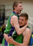 19 January 2015; Ard Scoil Rathangan joint-captains Shane Maughan, left, and James Byrne celebrate victory after the game. All-Ireland Schools Cup U19A Boys Final, St Eunan's College v Ard Scoil Rathangan. National Basketball Arena, Tallaght, Dublin. Picture credit: Barry Cregg / SPORTSFILE