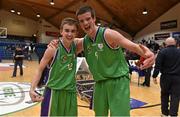 19 January 2015; Dillion Broderick, left, and Jason Dempsey, Ard Scoil Rathangan, celebrate victory after the game. All-Ireland Schools Cup U19A Boys Final, St Eunan's College v Ard Scoil Rathangan. National Basketball Arena, Tallaght, Dublin. Picture credit: Barry Cregg / SPORTSFILE