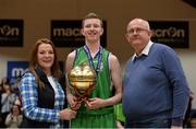 19 January 2015; Ard Scoil Rathangan joint-captain Shane Maughan receives the MVP award from Jackie Dunne, Chairperson of the board of Basketball Ireland, and Joe Shiels, Chairman of PPSC. All-Ireland Schools Cup U19A Boys Final, St Eunan's College v Ard Scoil Rathangan. National Basketball Arena, Tallaght, Dublin. Picture credit: Barry Cregg / SPORTSFILE