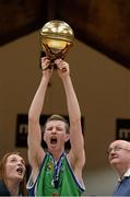 19 January 2015; Ard Scoil Rathangan joint-captain Shane Maughan lifts his the MVP award after recieving it from Jackie Dunne, Chairperson of the board of Basketball Ireland, and Joe Shiels, Chairman of PPSC. All-Ireland Schools Cup U19A Boys Final, St Eunan's College v Ard Scoil Rathangan. National Basketball Arena, Tallaght, Dublin. Picture credit: Barry Cregg / SPORTSFILE