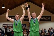 19 January 2015; Ard Scoil Rathangan joint-captains Shane Maughan, left, and James Byrne lift the cup after the game. All-Ireland Schools Cup U19A Boys Final, St Eunan's College v Ard Scoil Rathangan. National Basketball Arena, Tallaght, Dublin. Picture credit: Barry Cregg / SPORTSFILE