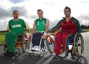 24 September 2007; Vaidas Stravinskas, Lithuania, left, Mark Barry, Ireland, centre, and Renato Pereira, Portugal, at the opening ceremony of the European Wheelchair Basketball Championships 2007. Basketball Arena, Tallaght, Dublin. Photo by Sportsfile