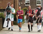 25 September 2007; eircom League of Ireland players, from left to right, Aidan Price, Shamrock Rovers, Shane Robinson, Drogheda United, Owen Heary, Bohemians, and Pat McCourt, Derry City, pictured holding their life size cardboard cut-outs at the official launch of FIFA 08. This year, for the first time ever, the eircom League of Ireland will feature in the game. Krystle Nightclub, Harcourt Street, Dublin. Picture credit: David Maher / SPORTSFILE
