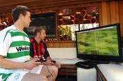 25 September 2007; eircom League of Ireland players Aidan Price, left, Shamrock Rovers, and Owen Heary, Bohemians, playing against each other at the official launch of FIFA 08. This year, for the first time ever, the eircom League of Ireland will feature in the game. Krystle Nightclub, Harcourt Street, Dublin. Picture credit: David Maher / SPORTSFILE