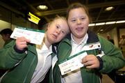 27 September 2007; On their way!: Gymnasts Caitilin McCollum, from Belfast, left, and Kirsty Devlin, from Belfast, pictured at Dublin Airport prior to TEAM Ireland's departure to the Special Olympics World Summer Games. The 2007 Special Olympics World Summer Games will take place in Shanghai from the 2nd October to the 11th October 2007. Ireland will be represented by a team of 143 athletes and 55 coaches who will participate in 11 sports. Dublin Airport, Dublin. Picture credit: Brian Lawless / SPORTSFILE