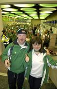 27 September 2007; On their way!: Atheletics team members Eddie Ryan, 150m & Shot Putt, from Clonmel, Tipperary, and Sarah Meade, Softball Throw & Standing Long Jump, from Tallaght, Dublin, pictured at Dublin Airport prior to TEAM Ireland's departure to the Special Olympics World Summer Games. The 2007 Special Olympics World Summer Games will take place in Shanghai from the 2nd October to the 11th October 2007. Ireland will be represented by a team of 143 athletes and 55 coaches who will participate in 11 sports. Dublin Airport, Dublin. Picture credit: Brian Lawless / SPORTSFILE