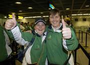 27 September 2007; On their way!: Members of the ladies soccer team, Julie McGrath, left, and Siobhan McMahon, both from Tipperary, pictured at Dublin Airport prior to boarding Aer Lingus sponsored flight to London Heathrow en route to the Special Olympics World Summer Games. The 2007 Special Olympics World Summer Games will take place in Shanghai from the 2nd October to the 11th October 2007. Ireland will be represented by a team of 143 athletes and 55 coaches who will participate in 11 sports. Dublin Airport, Dublin. Picture credit: Brian Lawless / SPORTSFILE