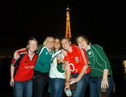 29 September 2007; Ireland rugby fans and members of Waterpark Ladies RFC, from left, Suzi Tanney, Donegal, Jo O'Meara, Waterpark, Gemma Orange, Dublin, Orlaith Buckley, Cork and Maire Gilbourn, Limerick, in Paris ahead of their side's Pool D game with Argentina in the Parc De Princes. Paris, France. Picture credit: Brendan Moran / SPORTSFILE