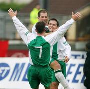 29 September 2007; Cliftonville's Chris Scannell, right, celebrates after scoring his side's second goal with team-mates Kieran O'Connor and Mark Holland. Carnegie Premier League, Portadown v Cliftonville. Shamrock Park, Portadown, Co. Armagh. Picture credit; Oliver McVeigh / SPORTSFILE