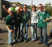 30 September 2007; Ireland fans, from left, Drew Wheelock, Colin Caesar, Barry McFarlane, Mark Power and John Larkin, all from Enniscorthy, Co. Wexford, at the game. 2007 Rugby World Cup, Pool D, Ireland v Argentina, Parc des Princes, Paris, France. Picture credit; Brendan Moran / SPORTSFILE