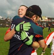 30 September 2007; Ballintubber's Padraig O'Connor celebrates with team manager Tom Duffy. TF Royal Hotel and Theatre Mayo Intermediate Football Championship Final, Ballintubber v Kiltimagh, McHale Park, Castlebar, Co. Mayo. Picture credit; Pat Murphy / SPORTSFILE *** Local Caption ***