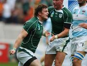 30 September 2007; Ireland captain Brian O'Driscoll celebrates after scoring his side's first try against Argentina with team-mate Ronan O'Gara. 2007 Rugby World Cup, Pool D, Ireland v Argentina, Parc des Princes, Paris, France. Picture credit; Brendan Moran / SPORTSFILE