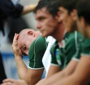 30 September 2007; Ireland's Denis Hickie watches the final moments of the game from the bench. 2007 Rugby World Cup, Pool D, Ireland v Argentina, Parc des Princes, Paris, France. Picture credit; Brendan Moran / SPORTSFILE