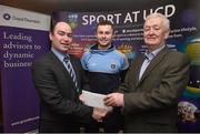 19 January 2015; Pictured in Belfield today at the announcement of Grant Thorntons patronage of the UCD GAA Football Scholarships in memory of Sean Murray, former UCD captain and Grant Thornton Partner were Kilkenny manager Brian Cody and Cork Ladies football manager Eamonn Ryan. Pictured are Noel Delaney, Grant Thornton Partner, presenting a cheque to UCD captain Jack McCaffrey and UCD GAA Executive Dave Billings. An Evening with Brian Cody and Eamonn Ryan. O’Neill Lounge, UCD, Dublin. Picture credit: David Maher / SPORTSFILE