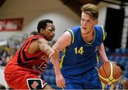 20 January 2015; Martin Neary, St Vincents Glasnevin, in action against Faustas Tamilus, St Mary's College Galway. All-Ireland Schools Cup U19B Boys Final, St Vincents Glasnevin v St Mary's College Galway, National Basketball Arena, Tallaght, Dublin. Picture credit: David Maher / SPORTSFILE
