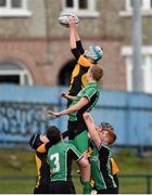 20 January 2015; Lorcan Ivors, St Patricks Classical School Navan, is tackled by Sean Branigan, Scoil Chonglais Baltinglass. Bank of Ireland Leinster Schools Fr. Godfrey Cup, 2nd Round, St Patricks Classical School Navan v Scoil Chonglais Baltinglass, Donnybrook Stadium, Donnybrook, Dublin. Picture credit: Barry Cregg / SPORTSFILE