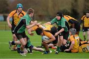 20 January 2015; Gary Faulkner, St Patricks Classical School Navan, is tackled by Keelin Murphy, left, and Conor Hanley, Scoil Chonglais Baltinglass. Bank of Ireland Leinster Schools Fr. Godfrey Cup, 2nd Round, St Patricks Classical School Navan v Scoil Chonglais Baltinglass, Donnybrook Stadium, Donnybrook, Dublin. Picture credit: Barry Cregg / SPORTSFILE