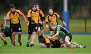 20 January 2015; Yusuf Gbede, St Patricks Classical School Navan, is tackled by Sean Branigan, Scoil Chonglais Baltinglass. Bank of Ireland Leinster Schools Fr. Godfrey Cup, 2nd Round, St Patricks Classical School Navan v Scoil Chonglais Baltinglass, Donnybrook Stadium, Donnybrook, Dublin. Picture credit: Barry Cregg / SPORTSFILE