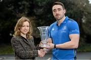 21 January 2015; Congratulations to Jack Conan who was voted Bank of Ireland Leinster Rugby Player of the Month for December. Jack is presented with the award by Heather Feeney, Business Account Manager, Glanbia Ingredients Ireland. Glanbia are customers of Bank of Ireland’s workplace banking service Bank of Ireland @ Work.  Leinster Rugby Head Office, UCD, Belfield, Dublin. Picture credit: Brendan Moran / SPORTSFILE