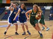 21 January 2015; Rebecca Ryan, Mercy Mounthawk, in action against Aoife Flynn and Dayna Finn, St Louis Kiltimagh. All-Ireland Schools Cup U16B Girls Final, St Louis Kiltimagh v Mercy Mounthawk. National Basketball Arena, Tallaght, Dublin. Picture credit: Matt Browne / SPORTSFILE