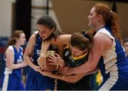 21 January 2015; Megan O'Donnell, Mercy Mounthawk, in action against Dayna Finn anf Maggie Byrne, St Louis Kiltimagh. All-Ireland Schools Cup U16B Girls Final, St Louis Kiltimagh v Mercy Mounthawk. National Basketball Arena, Tallaght, Dublin. Picture credit: Matt Browne / SPORTSFILE