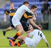 21 January 2015; Matthew Bursey, The King's Hospital, is tackled by Leon Downer, left, and Michael Boland,  Presentation College Bray. Bank of Ireland Leinster Schools Vinnie Murray Cup Semi-Final, The King's Hospital v Presentation College Bray. Donnybrook Stadium, Donnybrook, Dublin. Picture credit: Piaras Ó Mídheach / SPORTSFILE