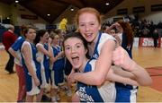 21 January 2015; St Louis Kiltimagh players Lara Shannon and Rachel Donnellan celebrate after the final whistle. All-Ireland Schools Cup U16B Girls Final, St Louis Kiltimagh v Mercy Mounthawk. National Basketball Arena, Tallaght, Dublin. Picture credit: Matt Browne / SPORTSFILE