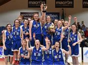21 January 2015; St Louis Kiltimagh joint captains Maggie Byrne, centre-left, and Dayna Finn lift the cup as their team-mates celebrate. All-Ireland Schools Cup U16B Girls Final, St Louis Kiltimagh v Mercy Mounthawk. National Basketball Arena, Tallaght, Dublin. Picture credit: Matt Browne / SPORTSFILE
