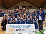 21 January 2015; St Louis Kiltimagh players celebrate with the cup. All-Ireland Schools Cup U16B Girls Final, St Louis Kiltimagh v Mercy Mounthawk. National Basketball Arena, Tallaght, Dublin. Picture credit: Matt Browne / SPORTSFILE