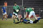 21 January 2015; Marty O'Brien, Fermanagh, with support from team-mate Darren McQuade, blocks the clearence of Conor Gilsenan, Cavan, which led to the opening goal of the game. Dr. McKenna Cup Semi-Final, Cavan v Fermanagh. Kingspan Breffni Park, Cavan. Picture credit: Barry Cregg / SPORTSFILE