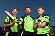 22 January 2015; Members of the Ireland cricket squad, from left, Craig Young, Max Sorensen and Kevin O'Brien in attendance at the announcement of Tourism Ireland's  sponsorship of the Ireland team for the 2015 World Cup at the The Pavilion, Trinity College, Dublin. Picture credit: Stephen McCarthy / SPORTSFILE