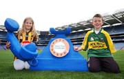 28 September 2007; GAA supporters Lucy Murphy Palmer, age 8, and Eoin Byrne, age 10, were in Croke Park to celebrate the raising of over two million euro for GAA clubs and schools nationwide by Gaelic Telecom and its customers. By the end of 2007, Gaelic Telecom hopes that figure will have reached in excess of 2.5 million euro! Croke Park, Dublin. Picture credit: Brian Lawless / SPORTSFILE